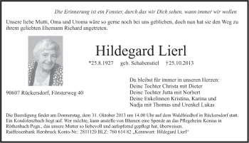 Traueranzeige von Hildegard Lierl von Pegnitz-Zeitung